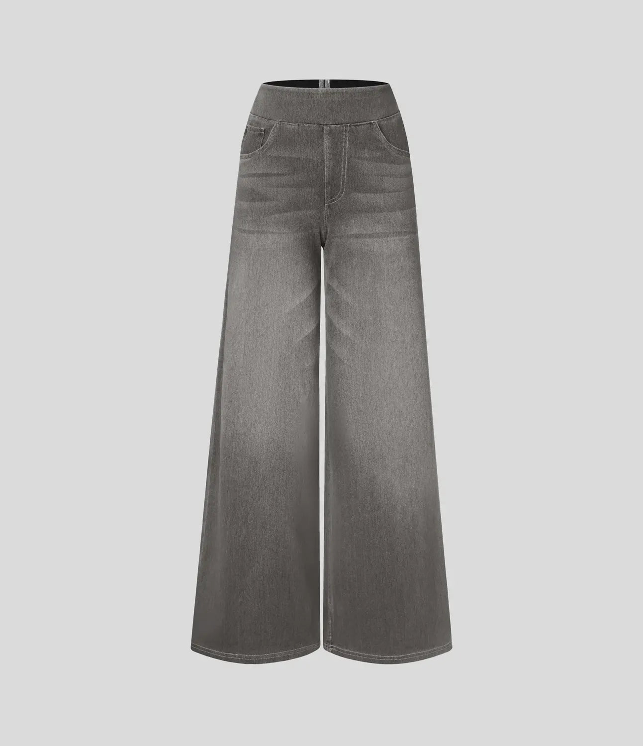 High Waisted Multiple Pockets Baggy Wide Leg Washed Stretchy Knit Casual Jeans