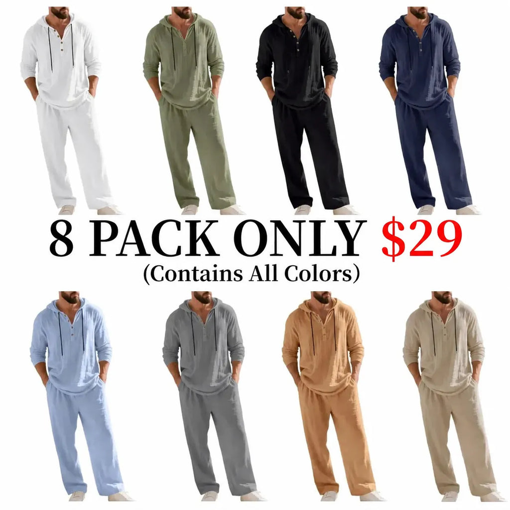 Linen Men's Hooded Casual Loose Top & Pants 2-Piece Set
