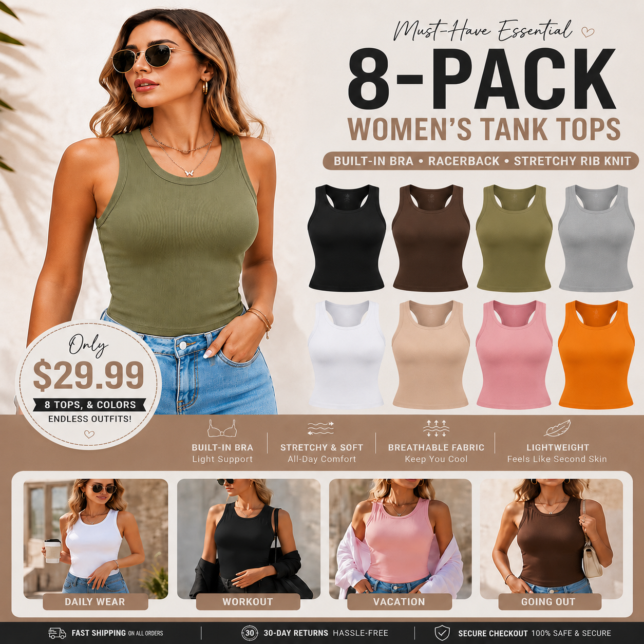 This Week's Special Price🍃Round Neck Built-in Bra Ribbed Tank Top Fit Casual Comfortable💥