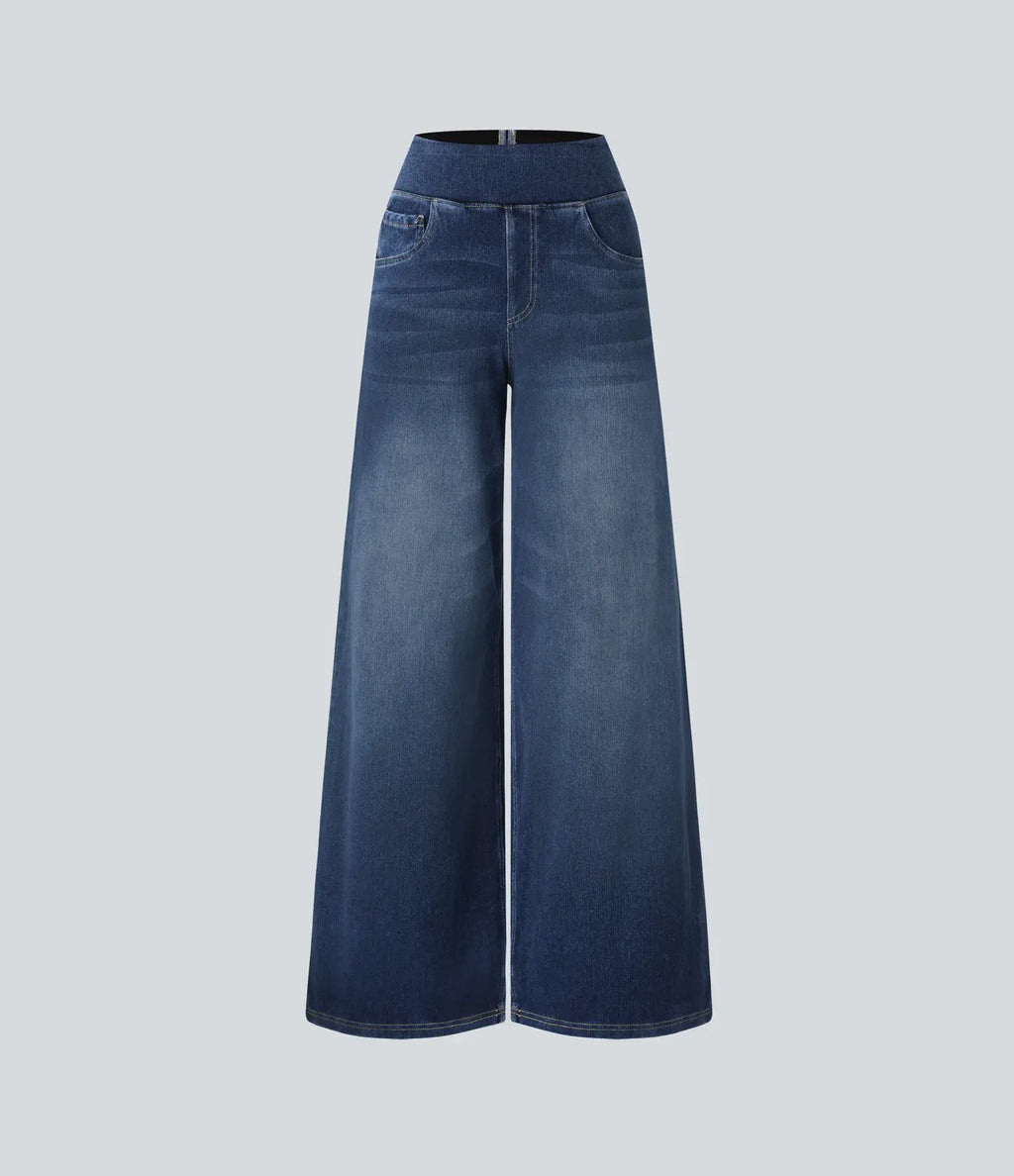 High Waisted Multiple Pockets Baggy Wide Leg Washed Stretchy Knit Casual Jeans