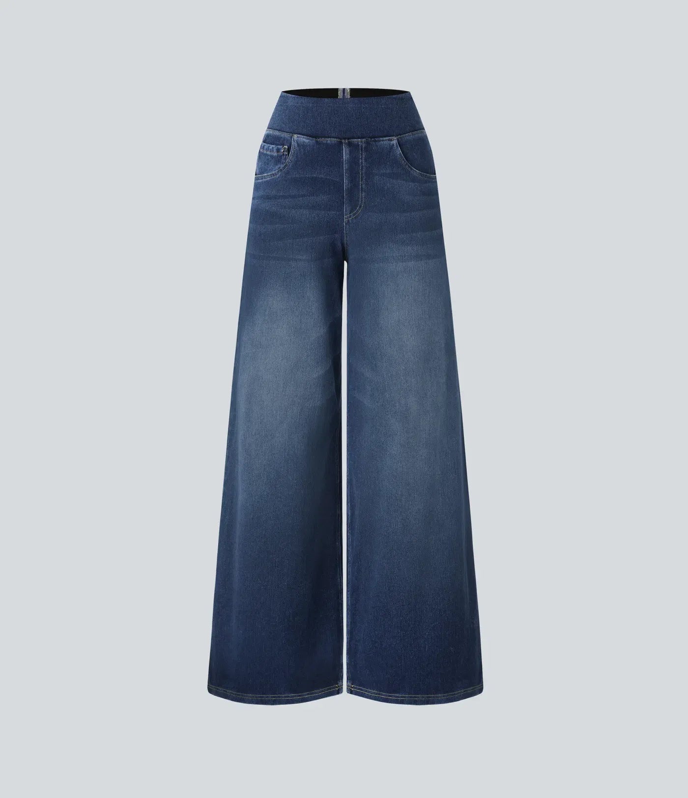 High Waisted Multiple Pockets Baggy Wide Leg Washed Stretchy Knit Casual Jeans