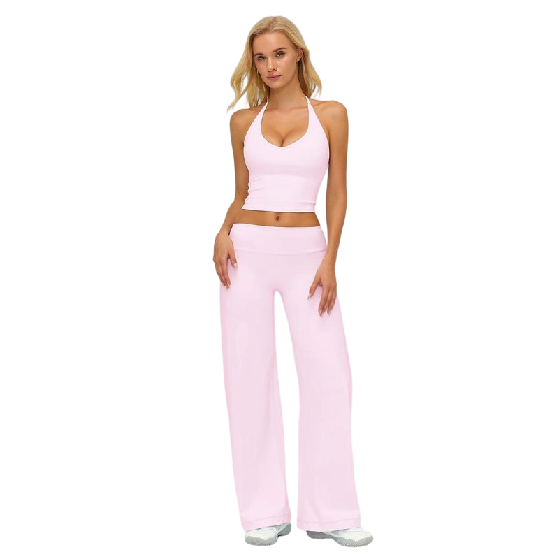 Women’s Plain Crop Cami Top & Flare Leg Pants Sports Set