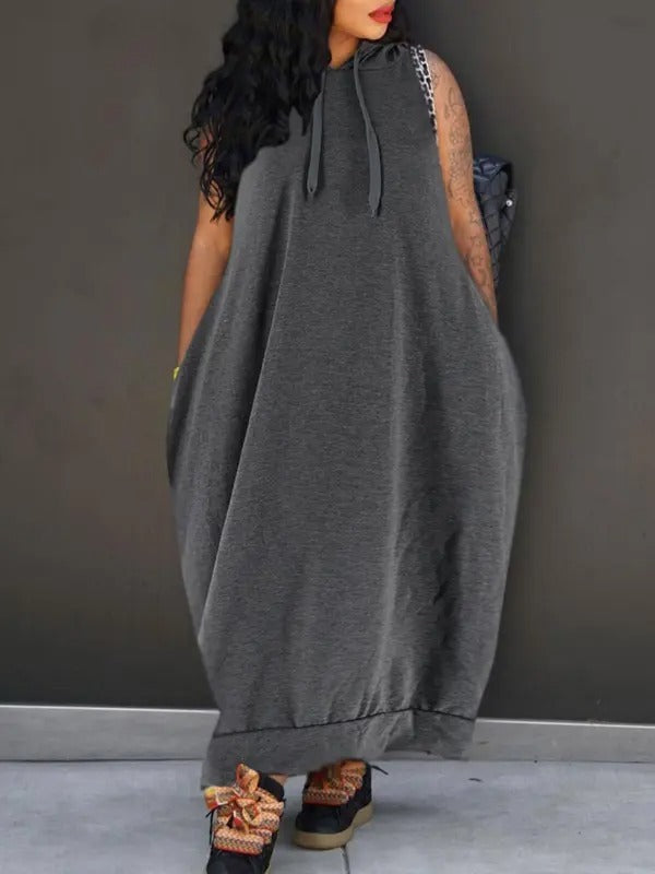 Women's Plain Drawstring Hooded Tank Dress, Casual Pocket Sleeveless Maxi Dress for Summer, Fashion Women's Clothing for Daily Wear
