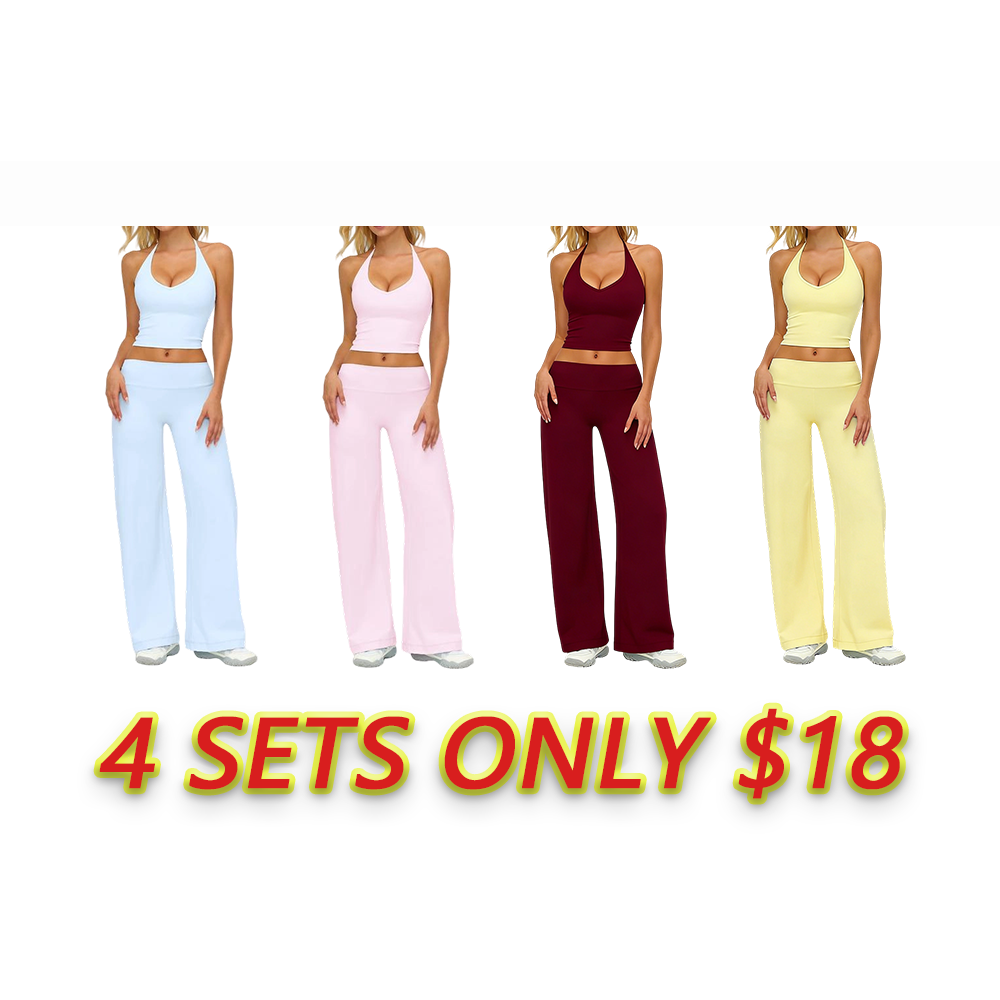 Women’s Plain Crop Cami Top & Flare Leg Pants Sports Set