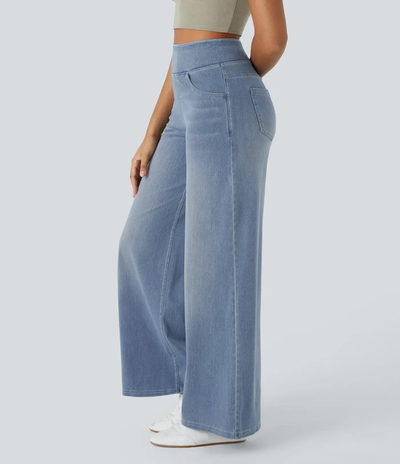 High Waisted Multiple Pockets Baggy Wide Leg Washed Stretchy Knit Casual Jeans