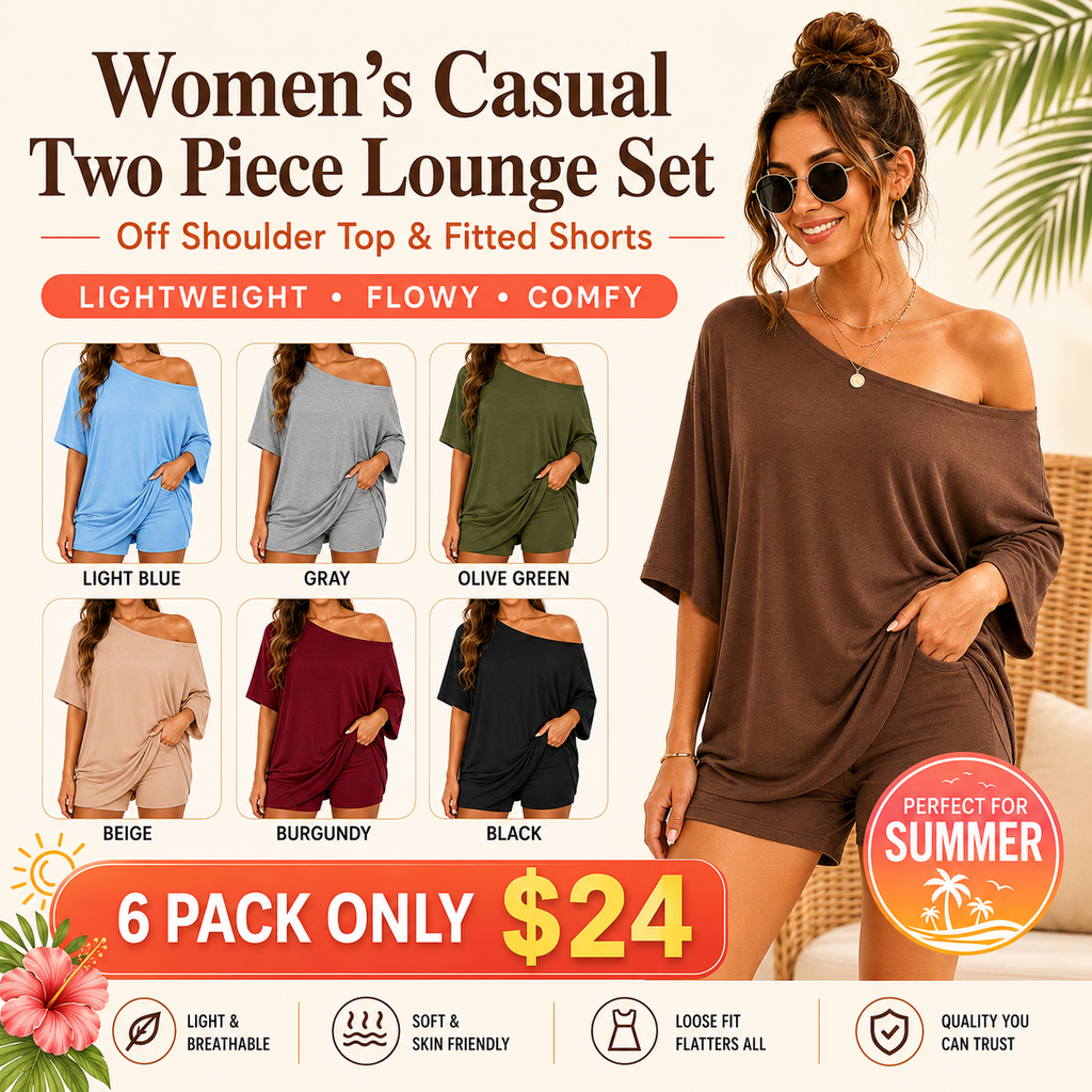 Women’s Casual Two Piece Lounge Set Off Shoulder Top & Fitted Shorts