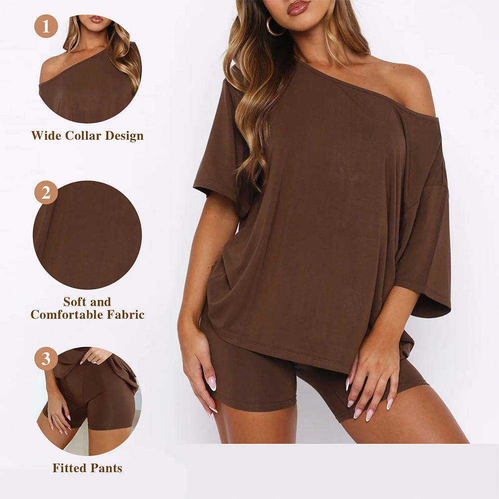 Women’s Casual Two Piece Lounge Set Off Shoulder Top & Fitted Shorts