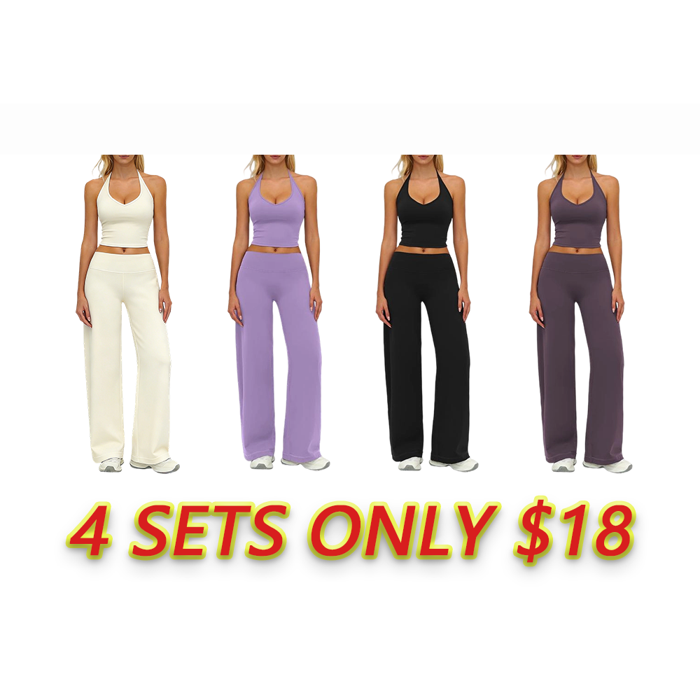 Women’s Plain Crop Cami Top & Flare Leg Pants Sports Set