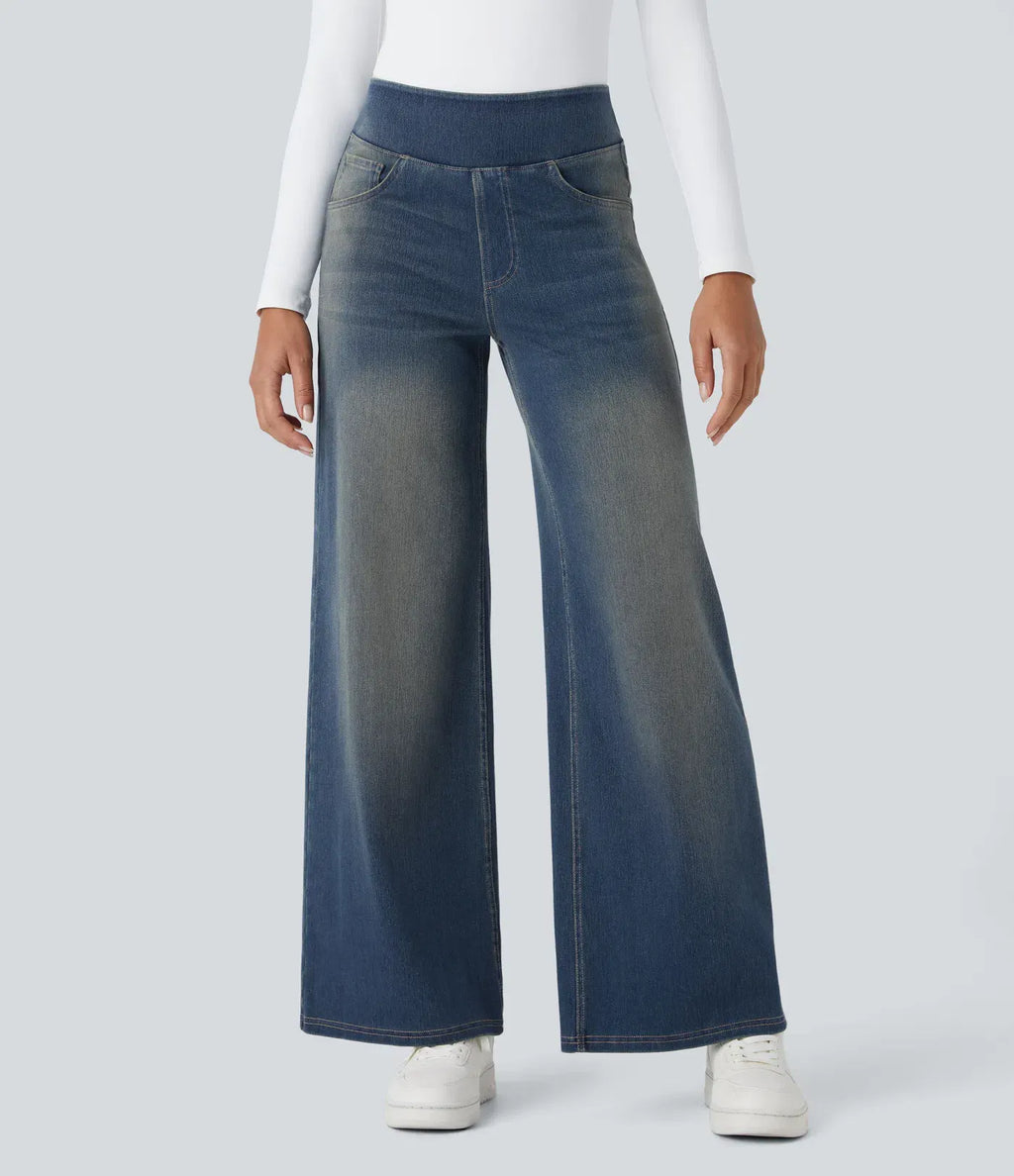 High Waisted Multiple Pockets Baggy Wide Leg Washed Stretchy Knit Casual Jeans