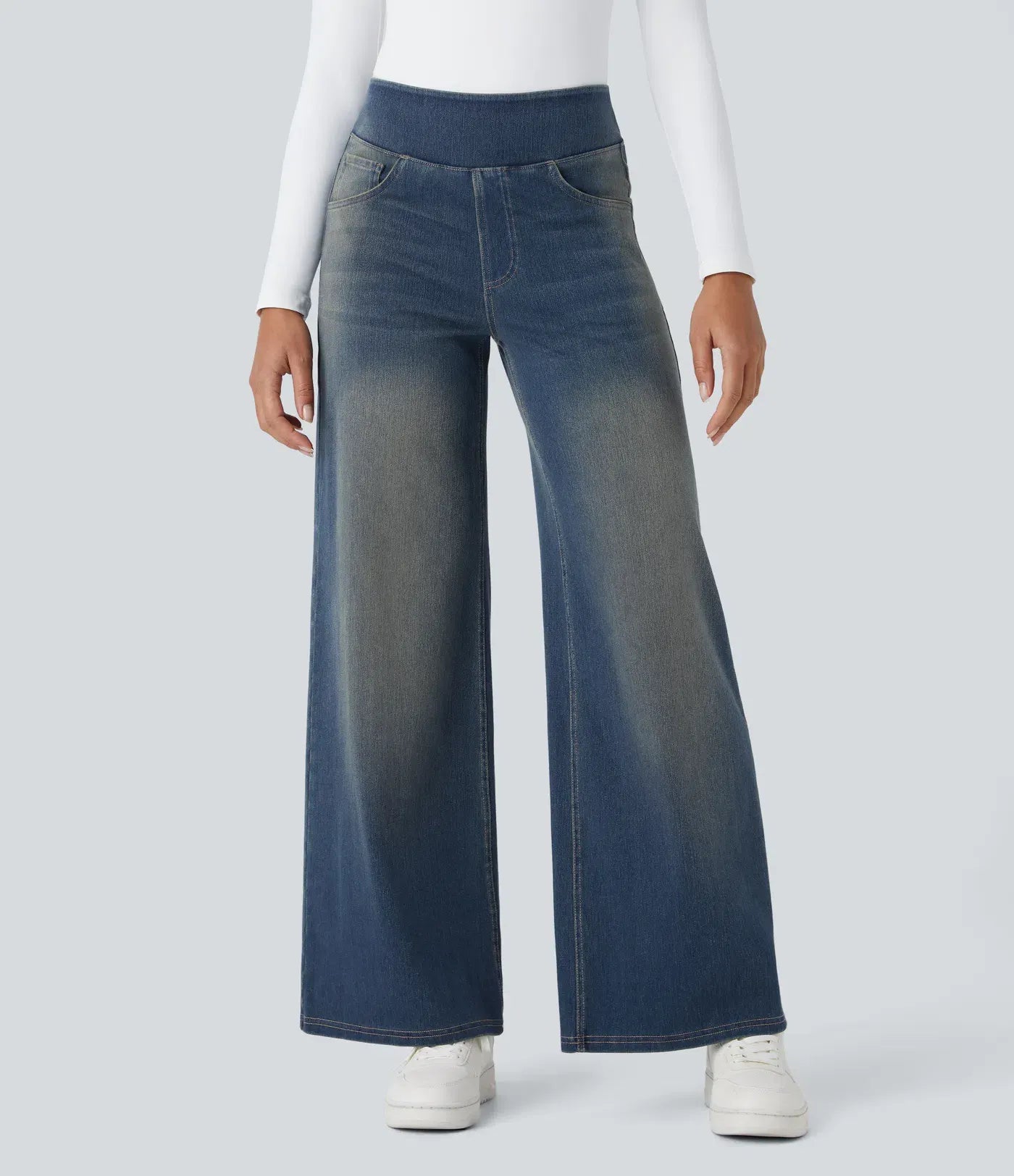 High Waisted Multiple Pockets Baggy Wide Leg Washed Stretchy Knit Casual Jeans