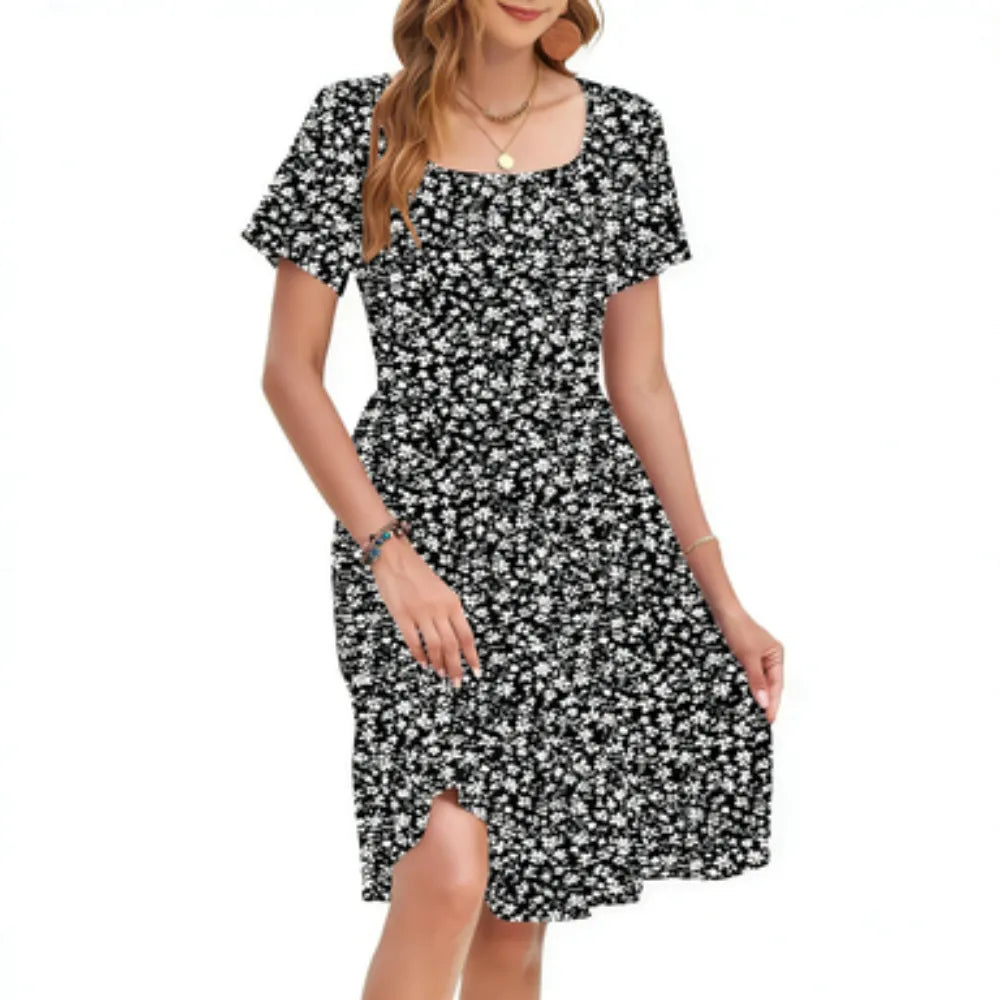 🔥Women Square Neck Floral Dress Ruffle Empire Waist A-Line Sundress with Pockets – Summer Casual Vacation Outfit