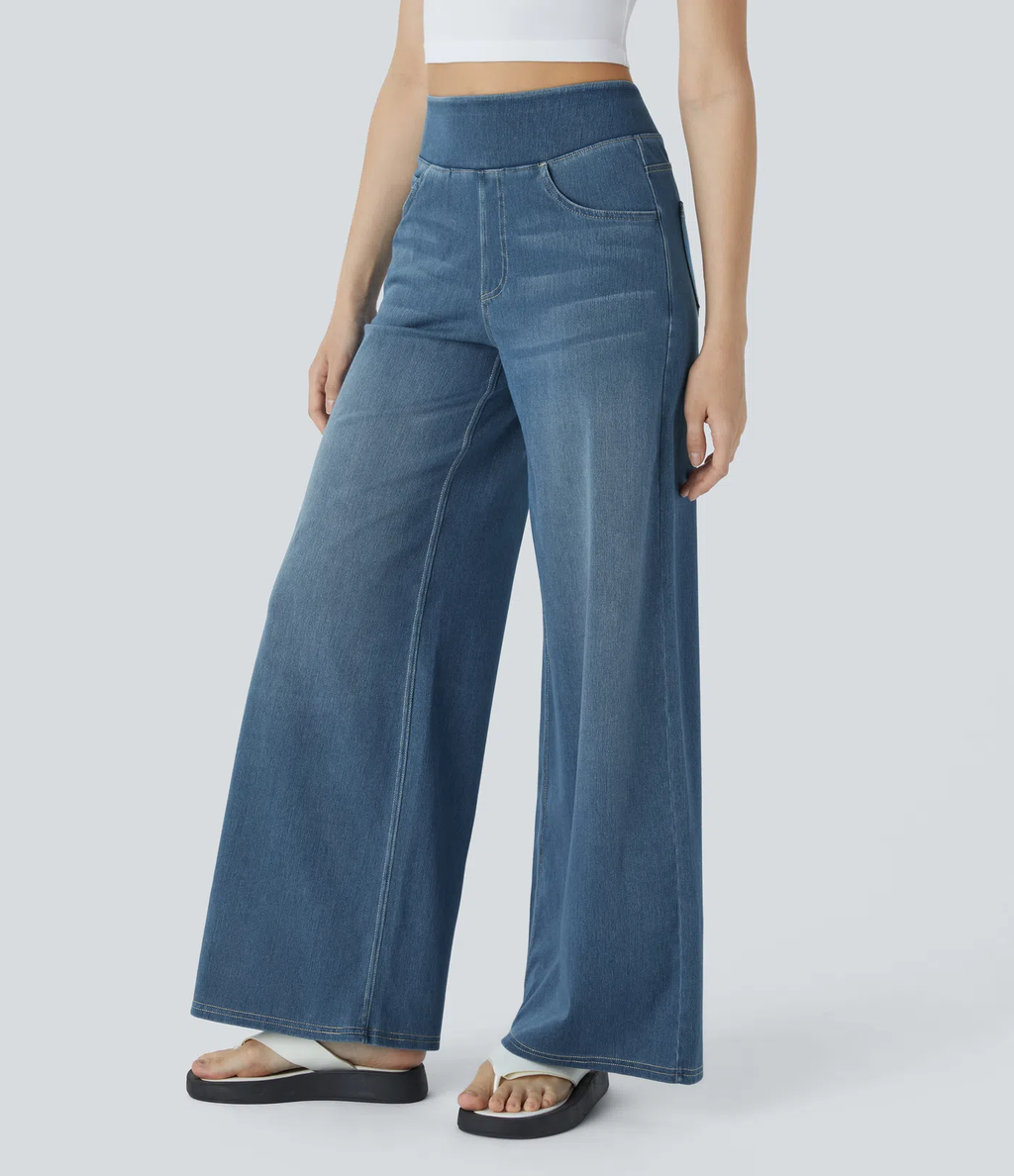 High Waisted Multiple Pockets Baggy Wide Leg Washed Stretchy Knit Casual Jeans