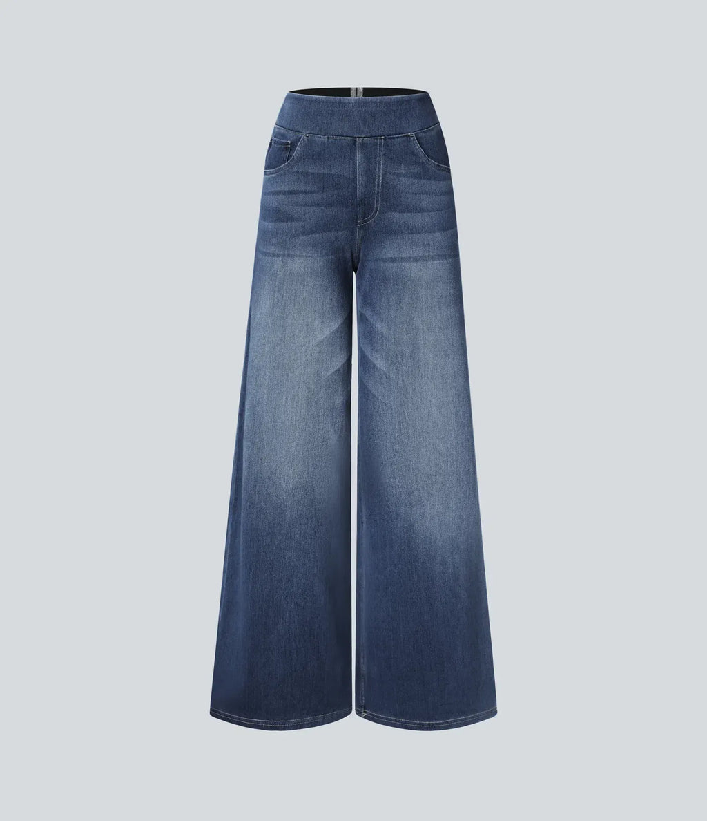 High Waisted Multiple Pockets Baggy Wide Leg Washed Stretchy Knit Casual Jeans