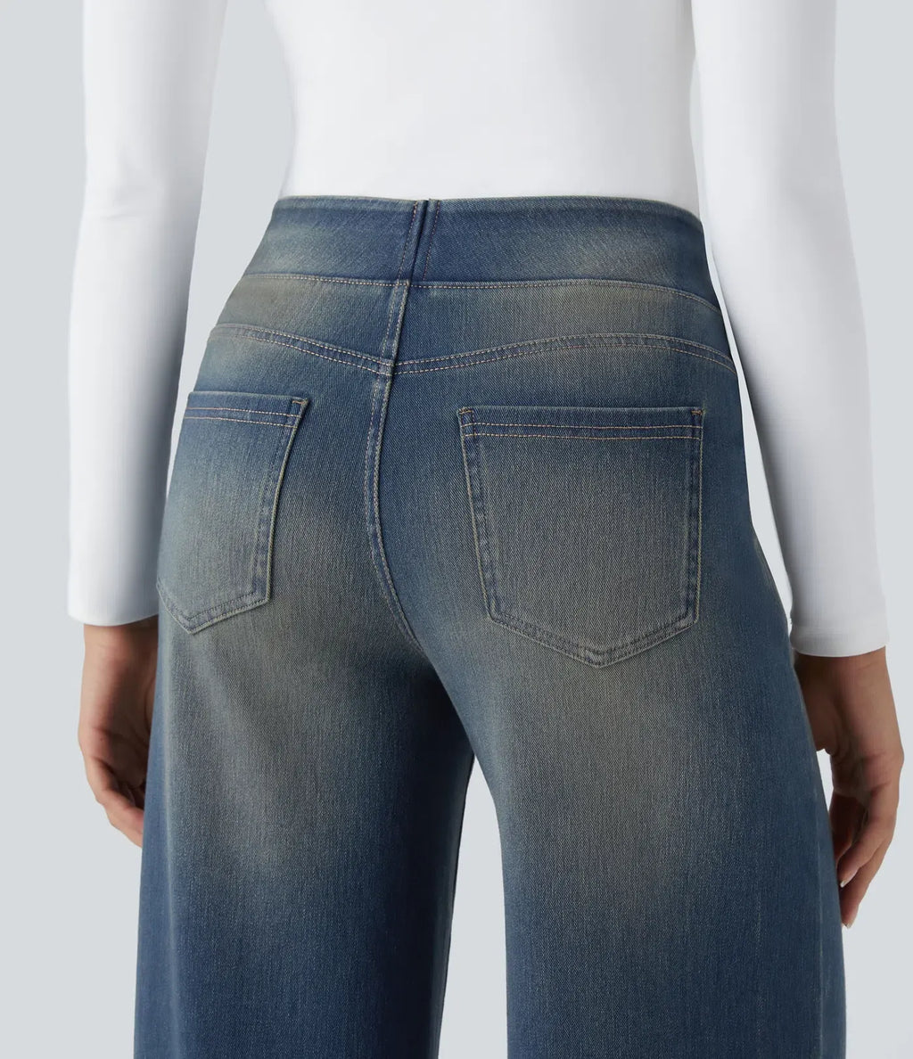 High Waisted Multiple Pockets Baggy Wide Leg Washed Stretchy Knit Casual Jeans