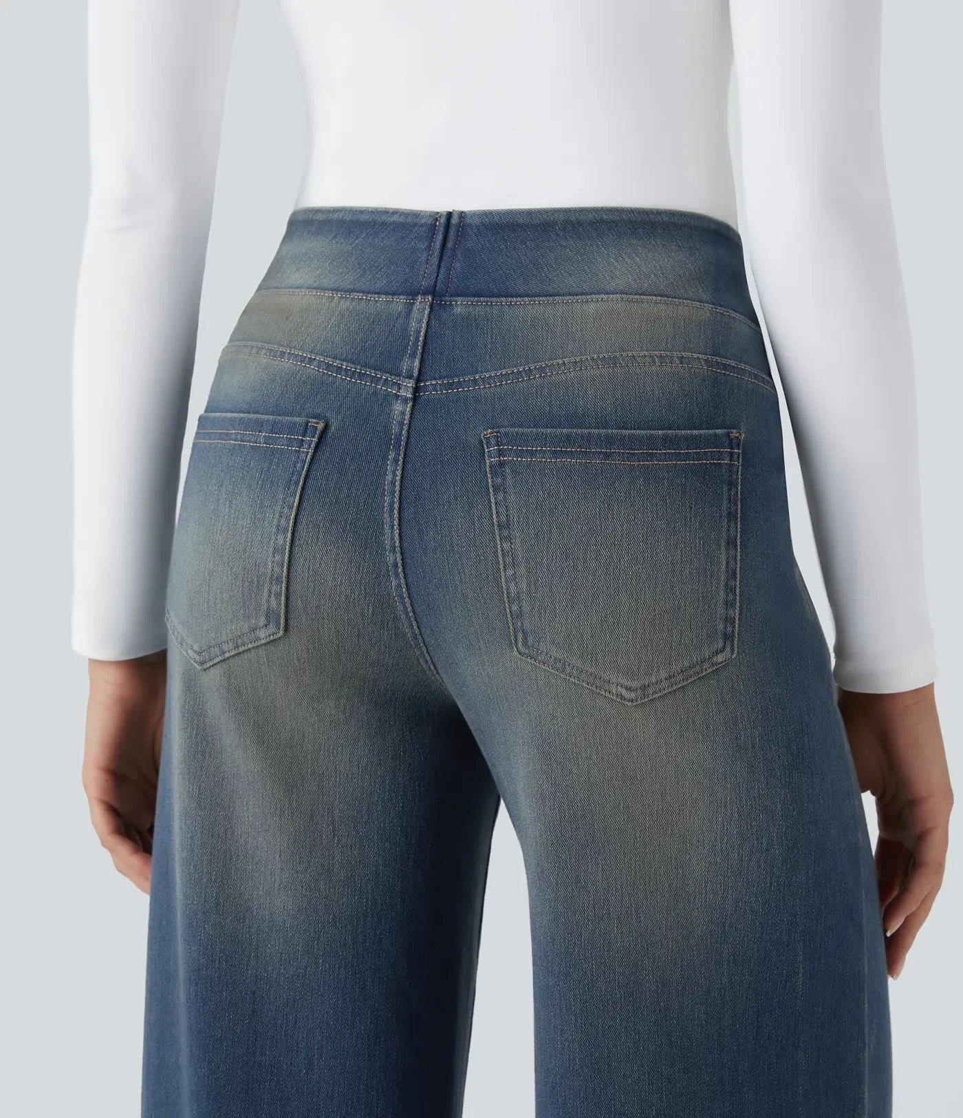 High Waisted Multiple Pockets Baggy Wide Leg Washed Stretchy Knit Casual Jeans