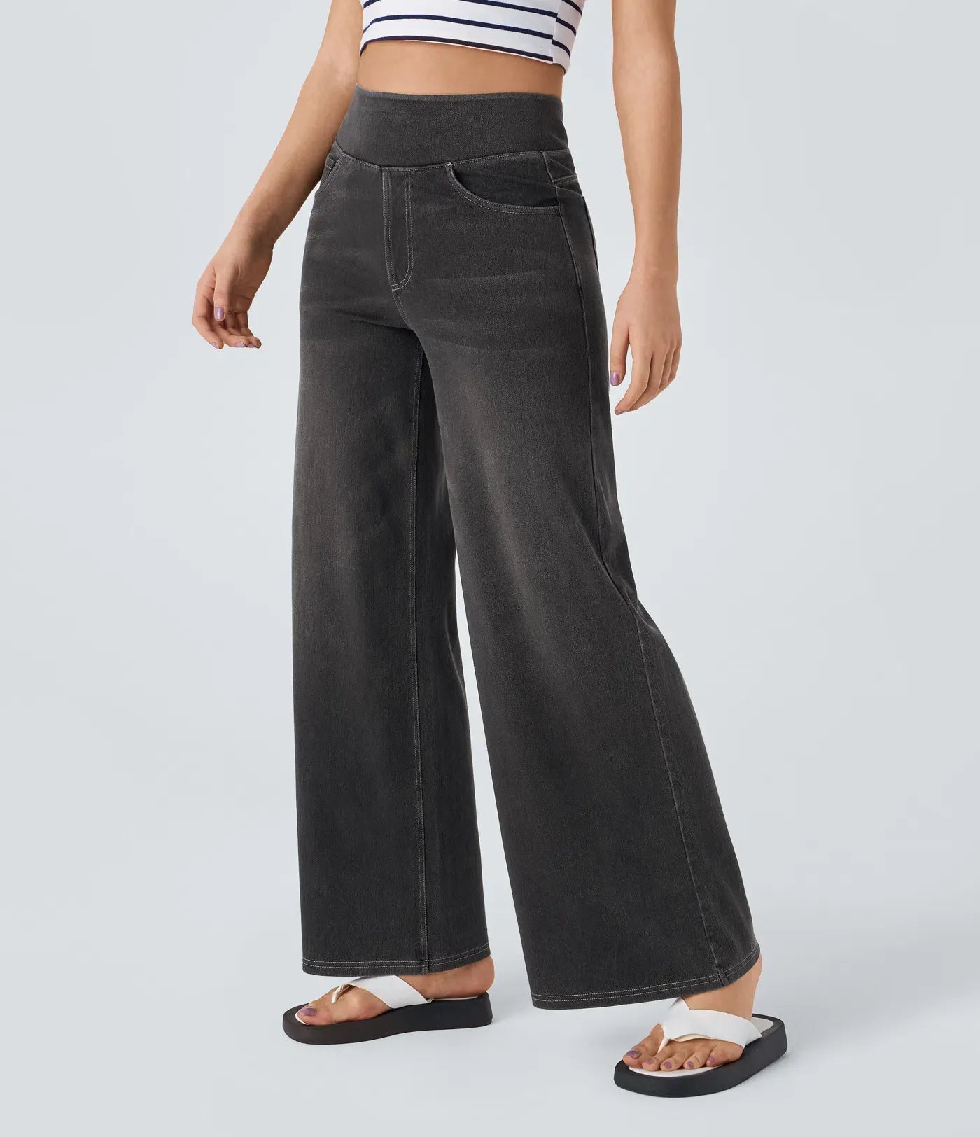 High Waisted Multiple Pockets Baggy Wide Leg Washed Stretchy Knit Casual Jeans