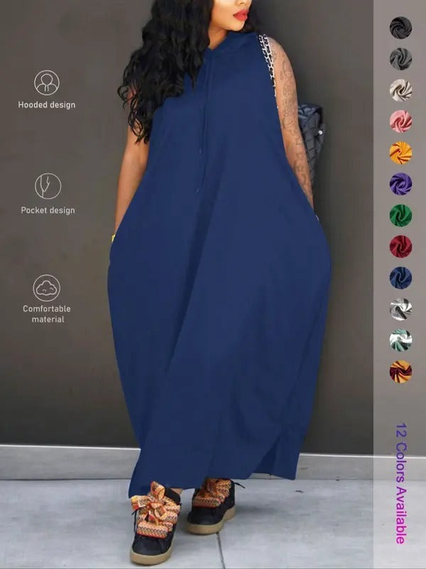 Women's Plain Drawstring Hooded Tank Dress, Casual Pocket Sleeveless Maxi Dress for Summer, Fashion Women's Clothing for Daily Wear