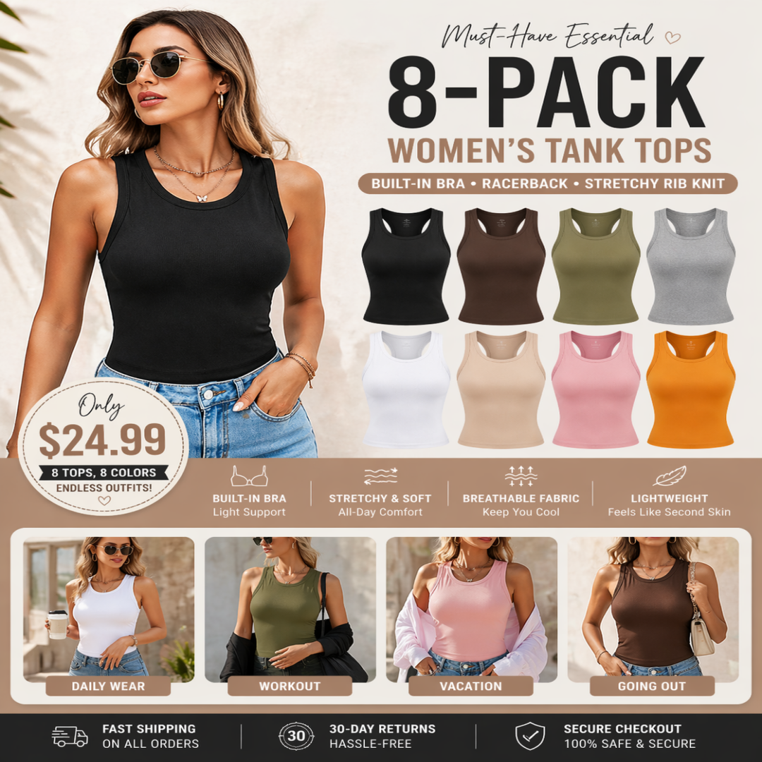 💥This Week's Special Price🍃Round Neck Built-in Bra Ribbed Tank Top Fit Casual Comfortable