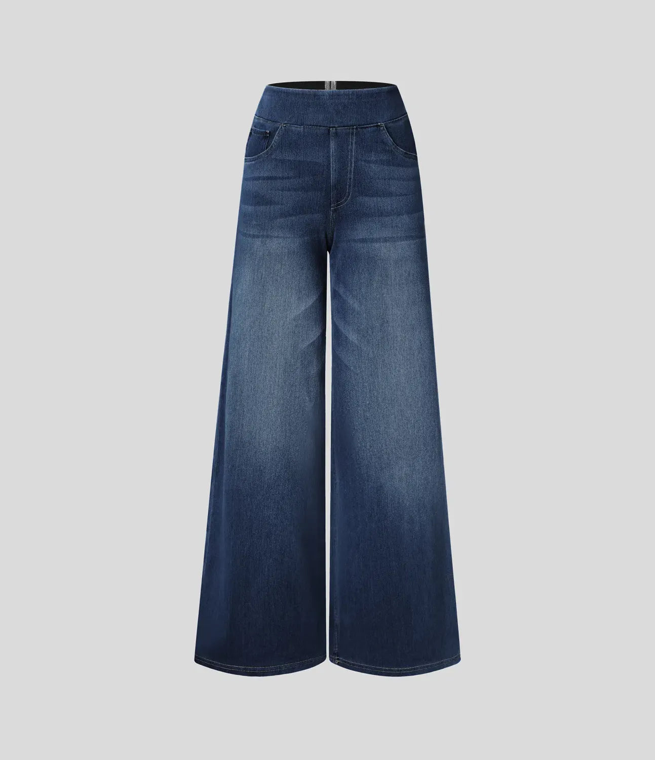 High Waisted Multiple Pockets Baggy Wide Leg Washed Stretchy Knit Casual Jeans