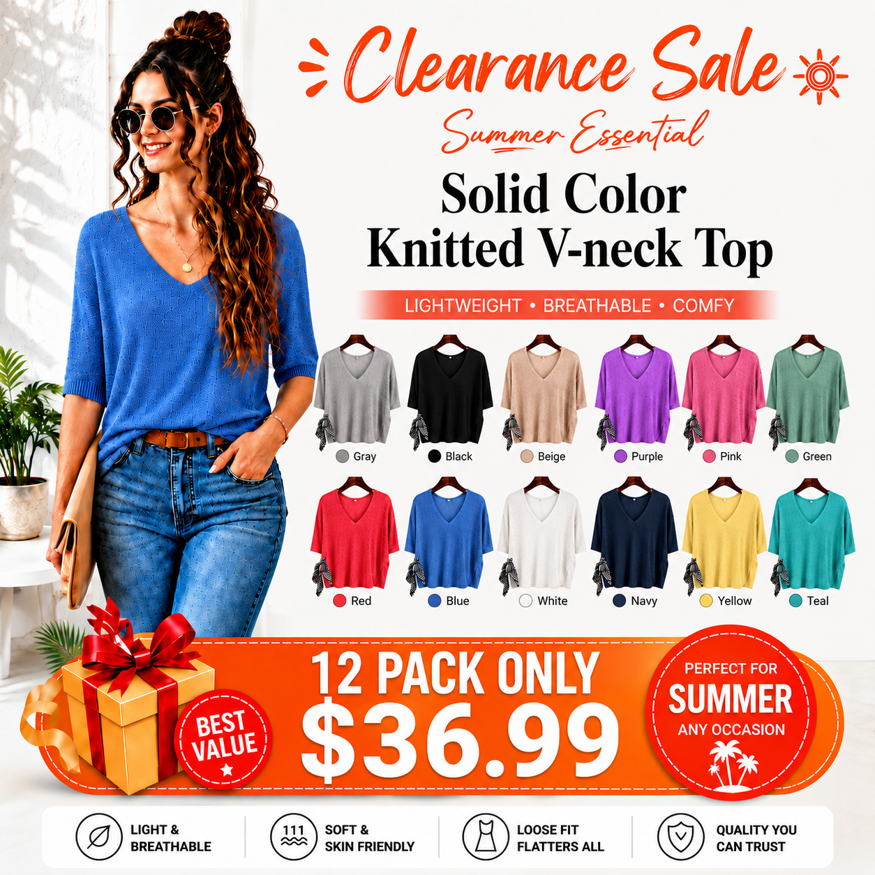 Solid Color Knitted V-neck Top