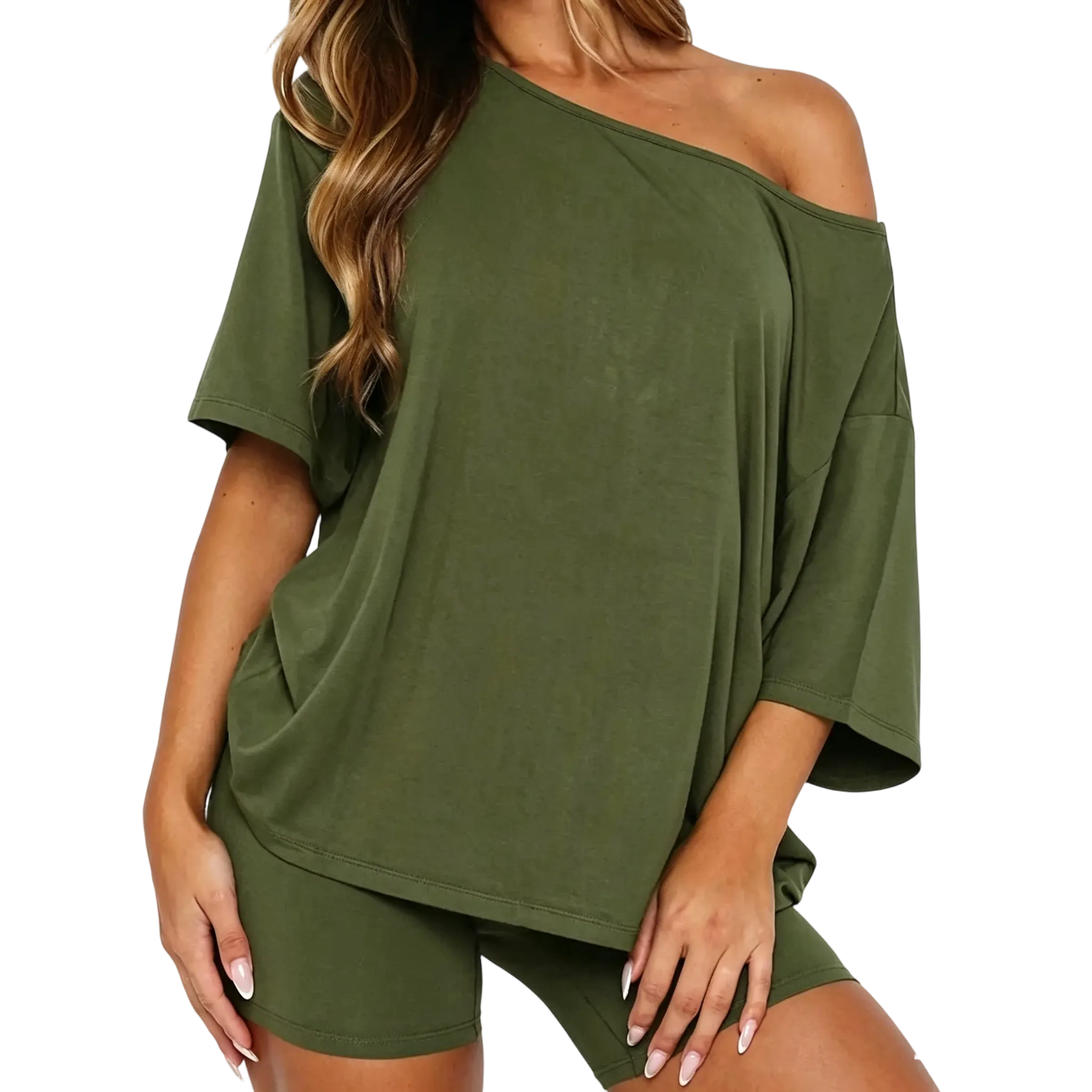 Women’s Casual Two Piece Lounge Set Off Shoulder Top & Fitted Shorts