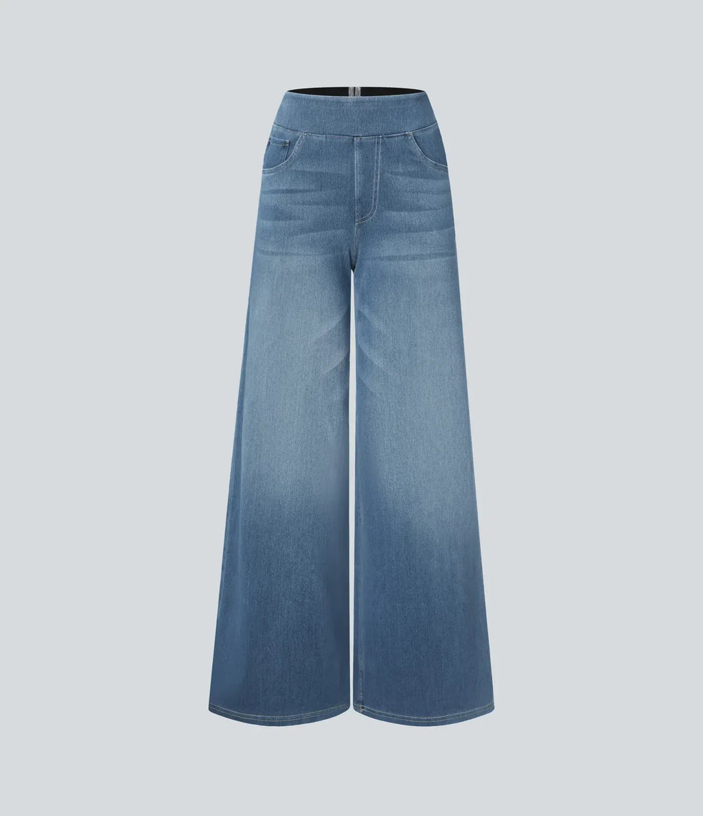 High Waisted Multiple Pockets Baggy Wide Leg Washed Stretchy Knit Casual Jeans