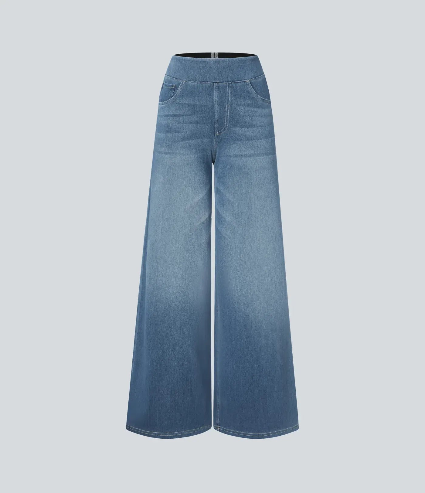 High Waisted Multiple Pockets Baggy Wide Leg Washed Stretchy Knit Casual Jeans