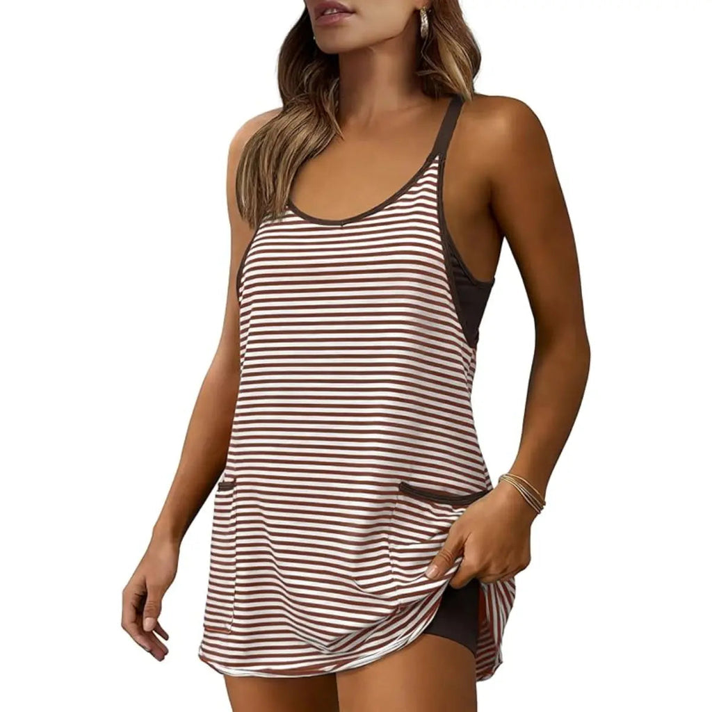 🔥Women's Summer Athletic Mini Dress Sleeveless V Neck Built-in Shorts