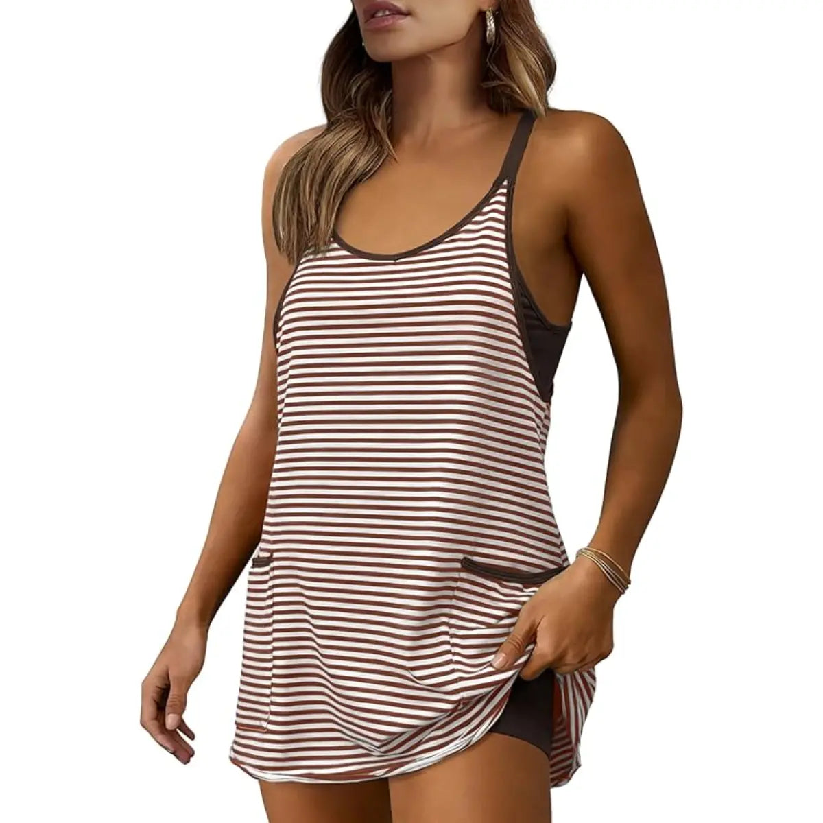 🔥Women's Summer Athletic Mini Dress Sleeveless V Neck Built-in Shorts