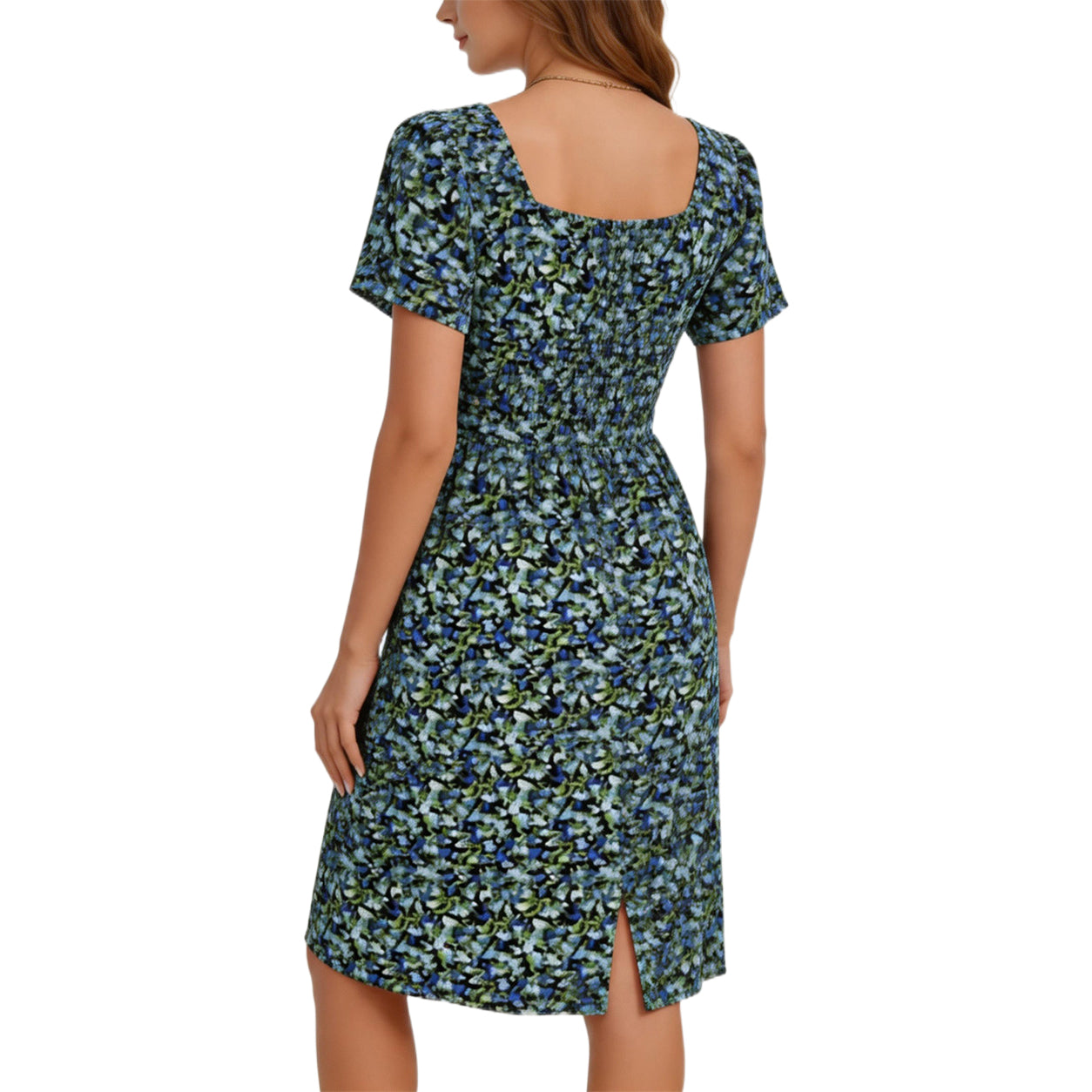 Women Square Neck Ditsy Floral Dress, Ruffle Empire Waist A-Line Sundress With Pockets