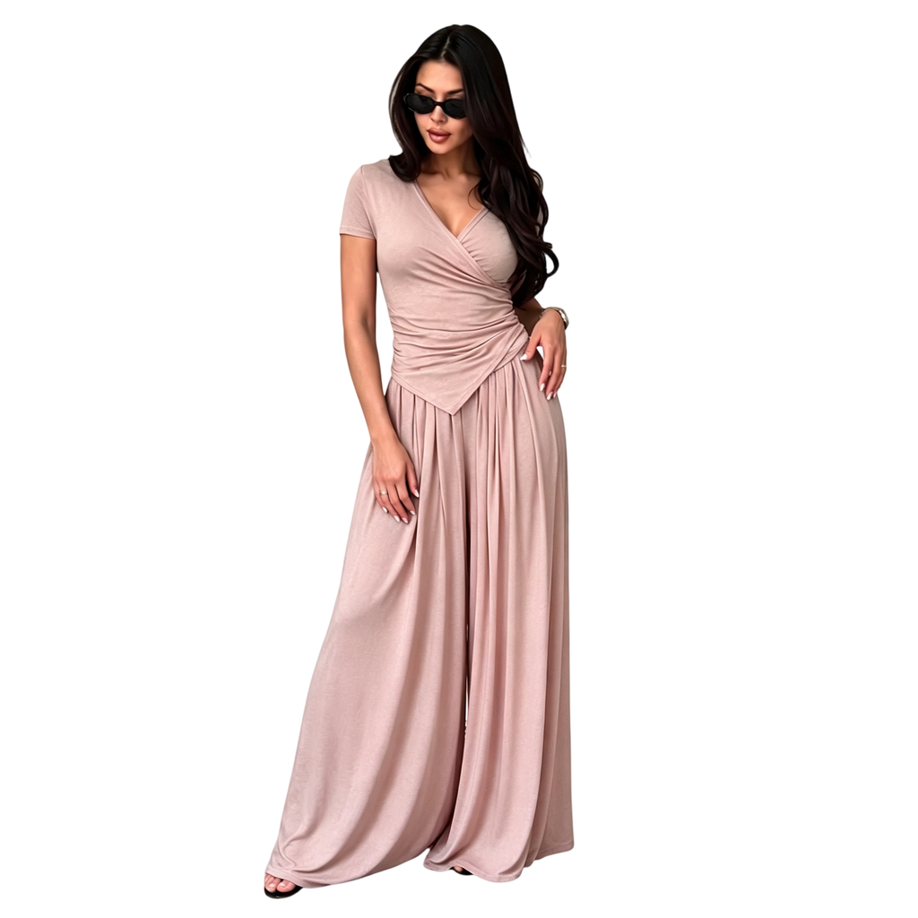 Women's Wrap V-Neck Wide Leg Two-Piece Set