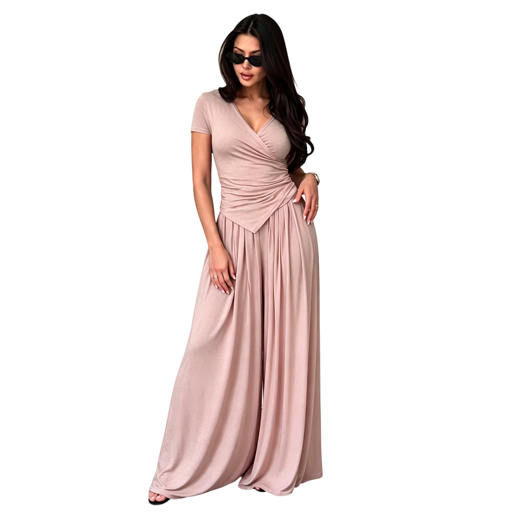 Women's Wrap V-Neck Wide Leg Two-Piece Set