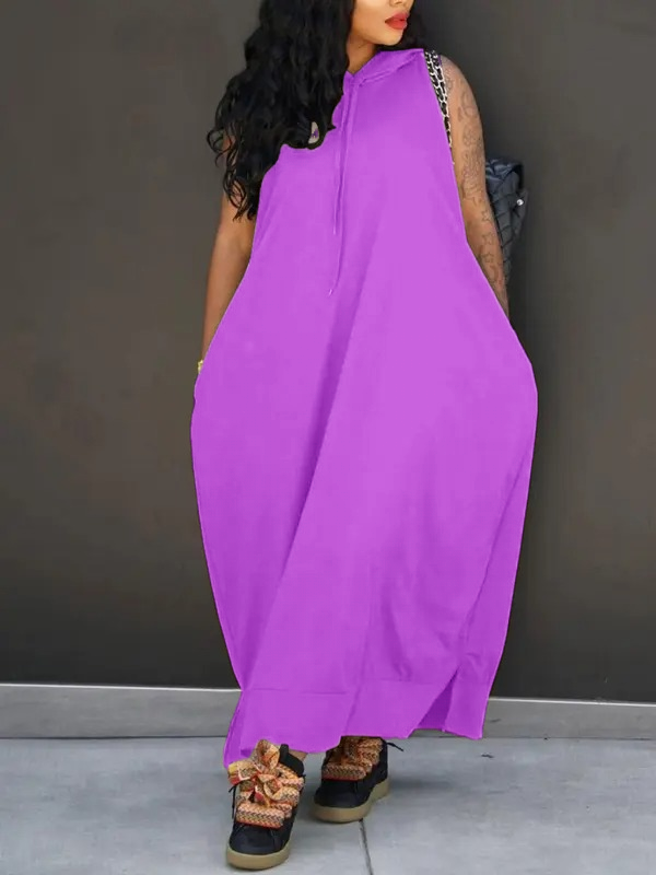 Women's Plain Drawstring Hooded Tank Dress, Casual Pocket Sleeveless Maxi Dress for Summer, Fashion Women's Clothing for Daily Wear