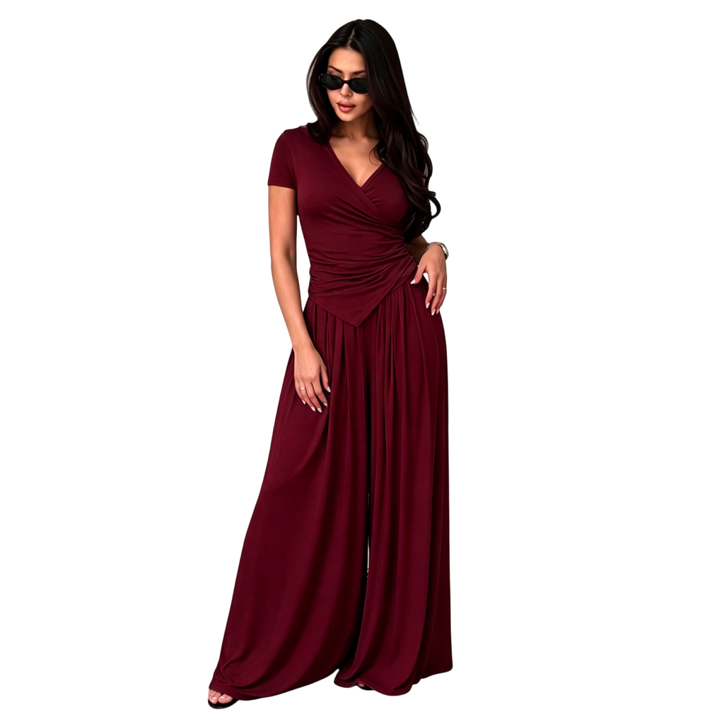 Women's Wrap V-Neck Wide Leg Two-Piece Set