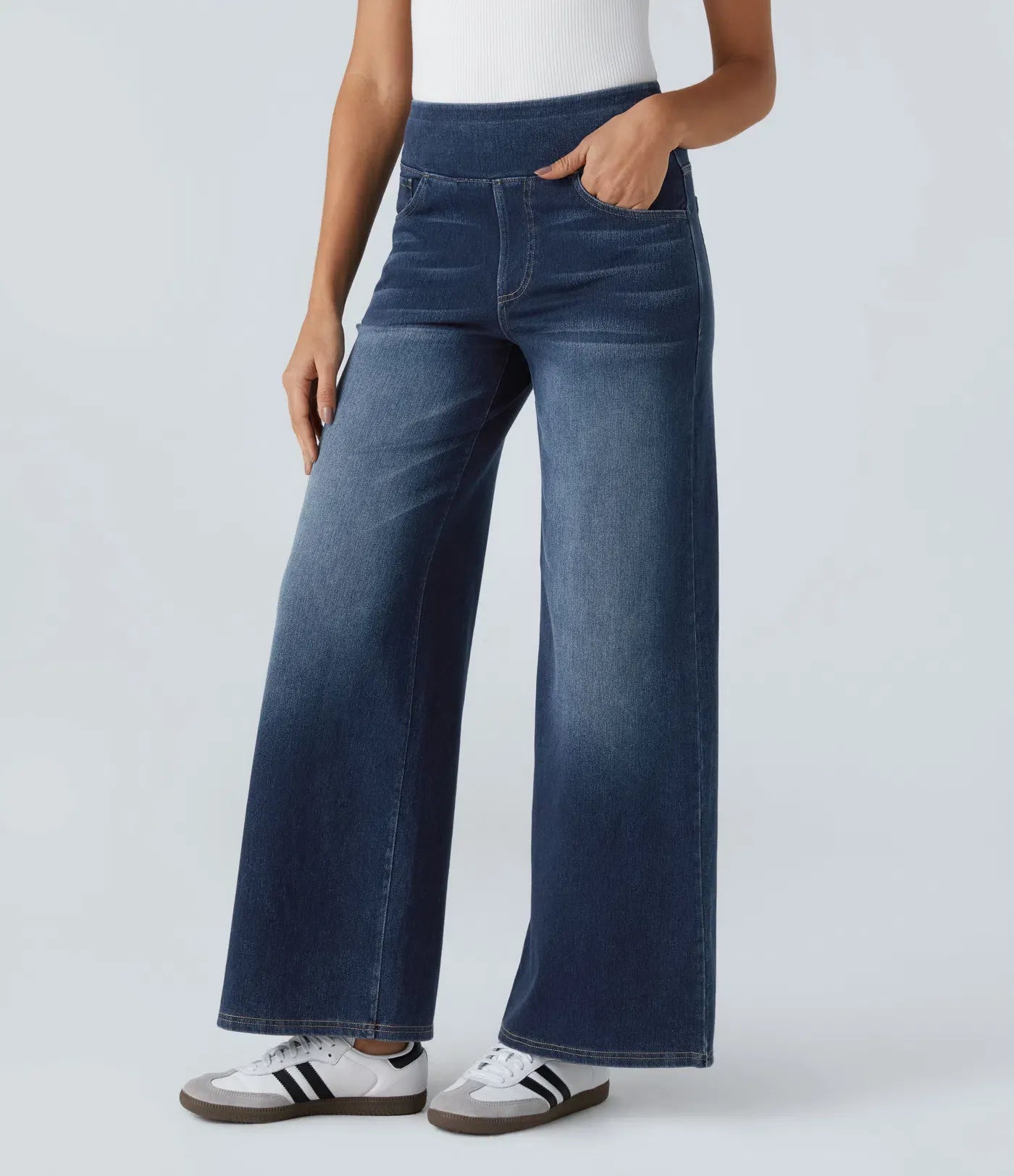 High Waisted Multiple Pockets Baggy Wide Leg Washed Stretchy Knit Casual Jeans