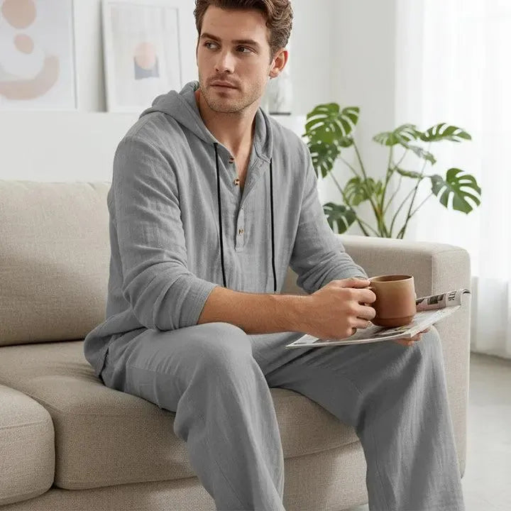 Linen Men's Hooded Casual Loose Top & Pants 2-Piece Set