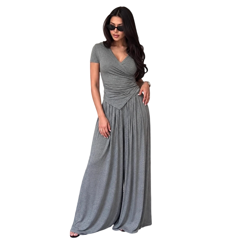 Women's Wrap V-Neck Wide Leg Two-Piece Set