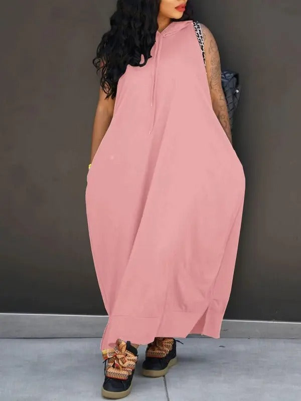 Women's Plain Drawstring Hooded Tank Dress, Casual Pocket Sleeveless Maxi Dress for Summer, Fashion Women's Clothing for Daily Wear