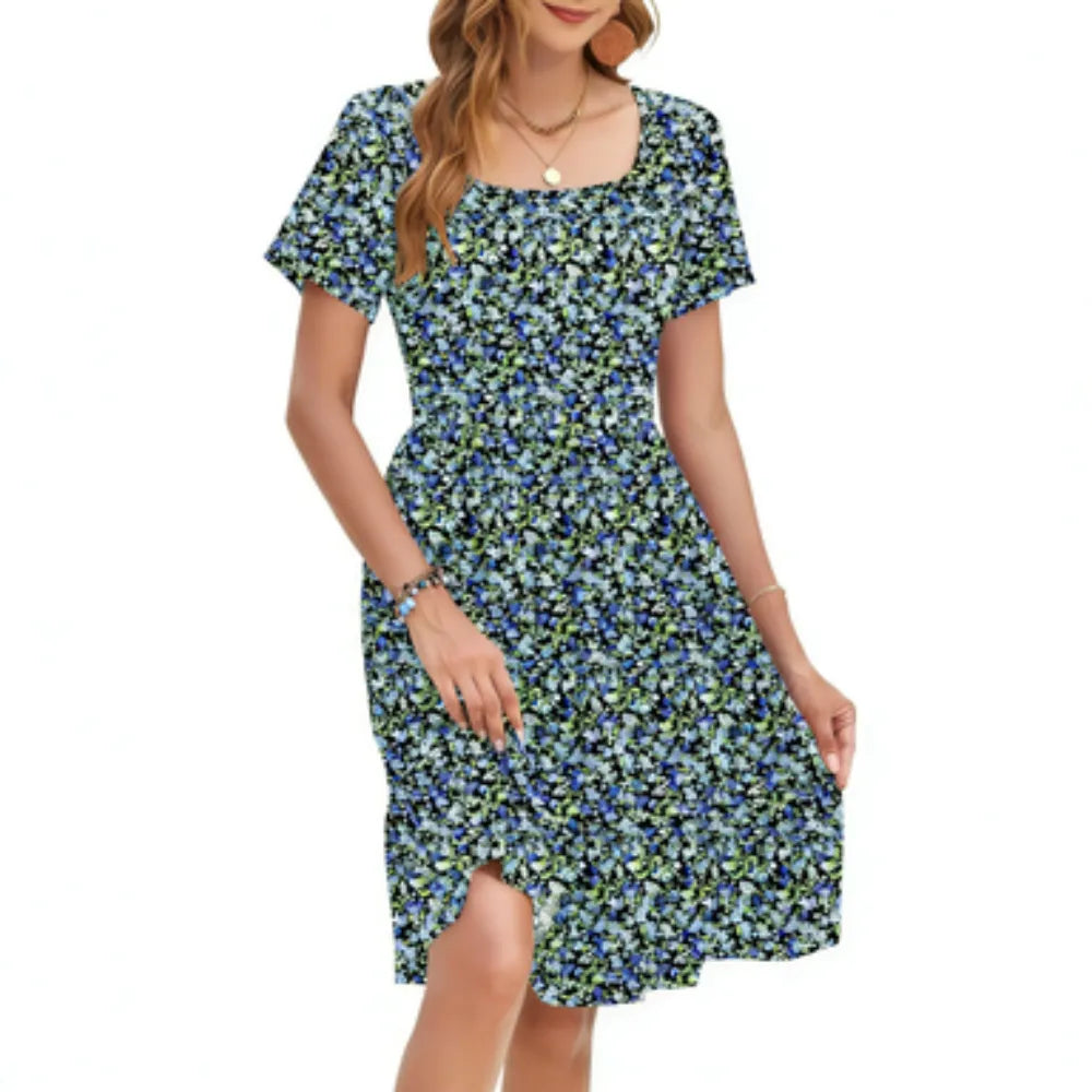 🔥Women Square Neck Floral Dress Ruffle Empire Waist A-Line Sundress with Pockets – Summer Casual Vacation Outfit