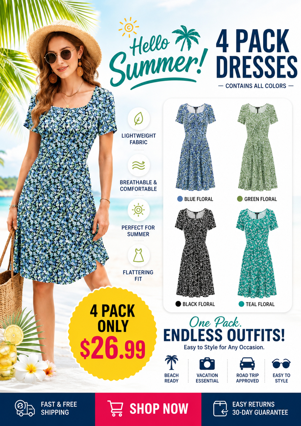 🔥Women Square Neck Floral Dress Ruffle Empire Waist A-Line Sundress with Pockets – Summer Casual Vacation Outfit