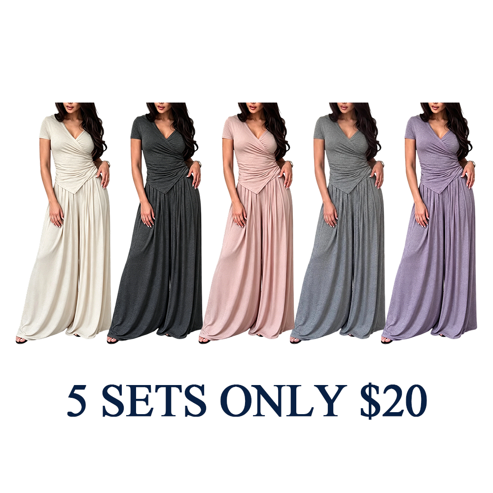 Women's Wrap V-Neck Wide Leg Two-Piece Set