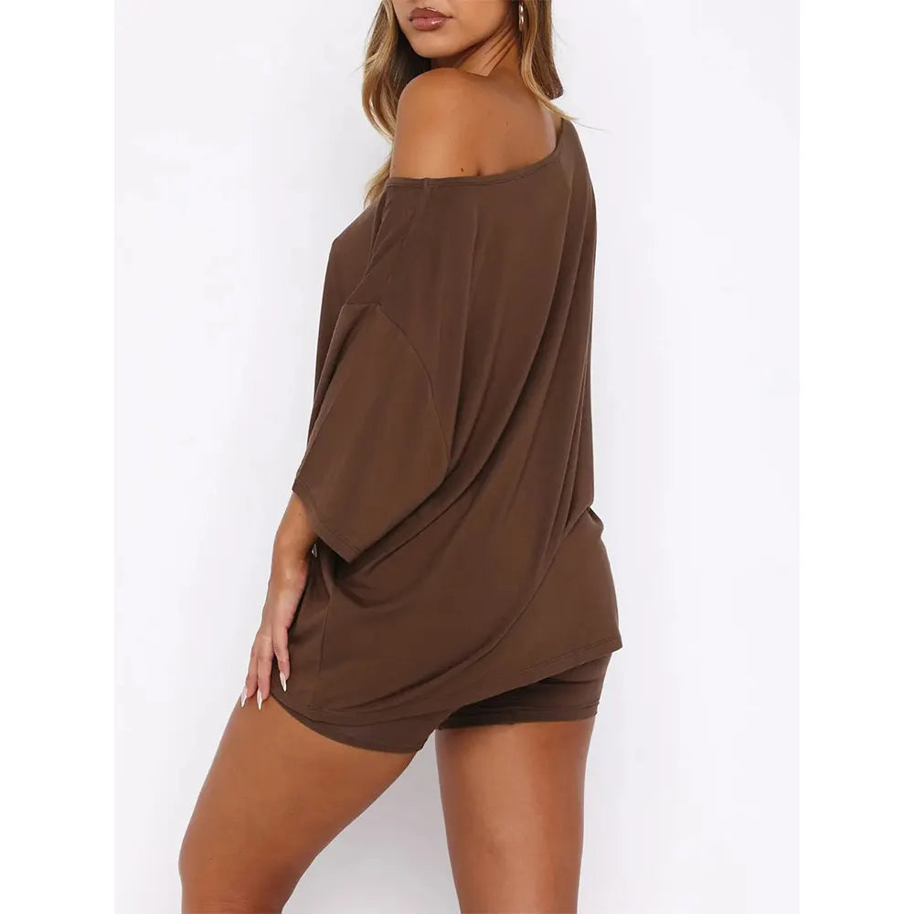 Women’s Casual Two Piece Lounge Set Off Shoulder Top & Fitted Shorts