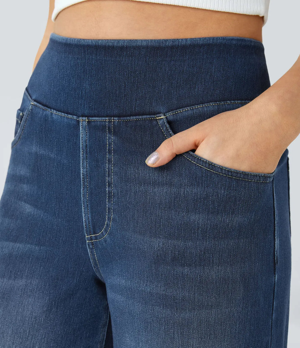 High Waisted Multiple Pockets Baggy Wide Leg Washed Stretchy Knit Casual Jeans