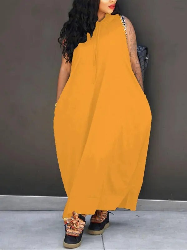 Women's Plain Drawstring Hooded Tank Dress, Casual Pocket Sleeveless Maxi Dress for Summer, Fashion Women's Clothing for Daily Wear