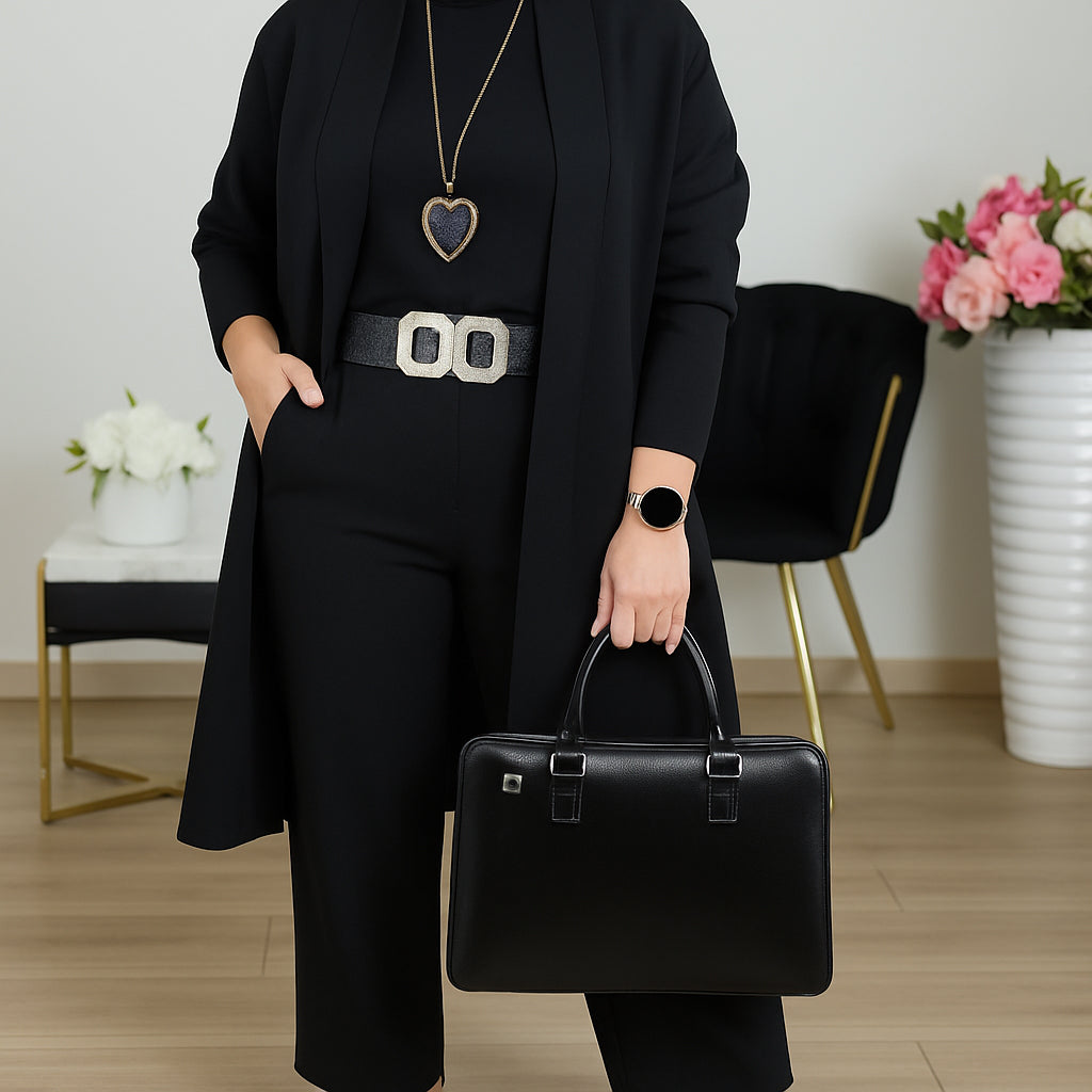 Elegant 3-piece set including long cardigan, top and pants