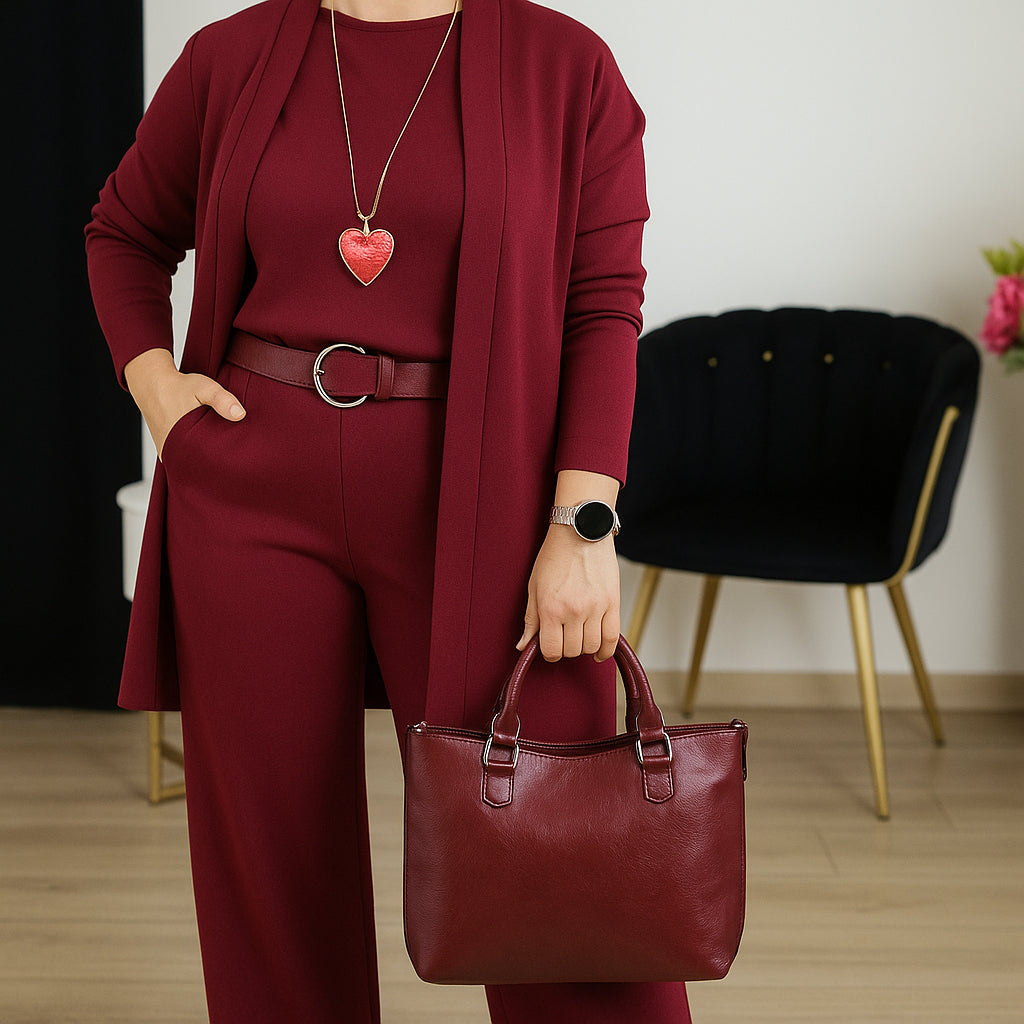 Elegant 3-piece set including long cardigan, top and pants