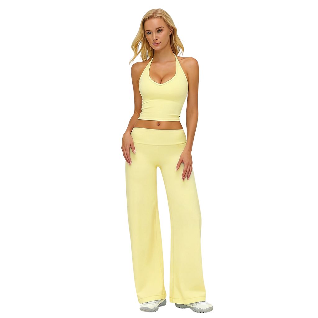 Women’s Plain Crop Cami Top & Flare Leg Pants Sports Set