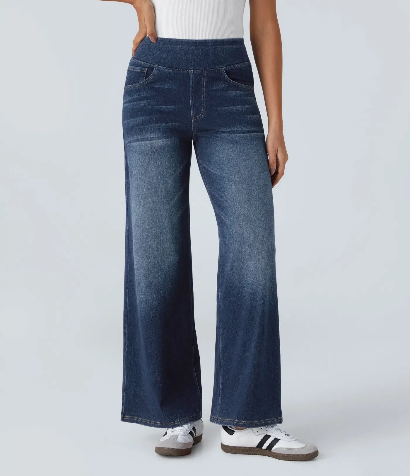 High Waisted Multiple Pockets Baggy Wide Leg Washed Stretchy Knit Casual Jeans