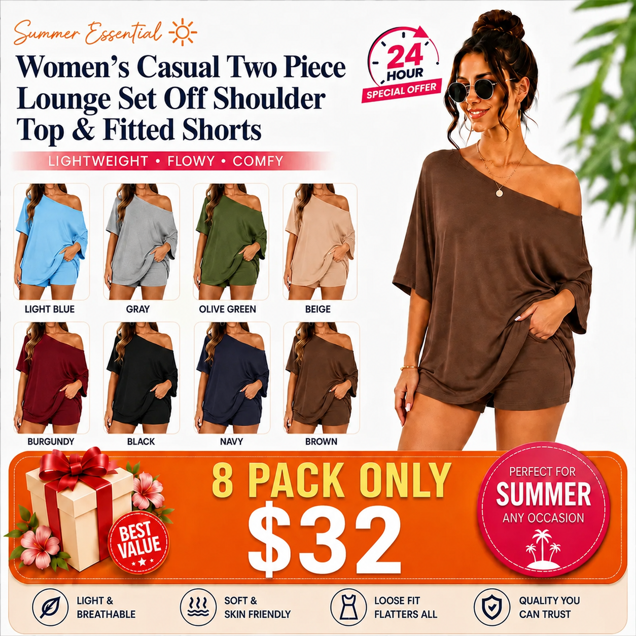 Women’s Casual Two Piece Lounge Set Off Shoulder Top & Fitted Shorts