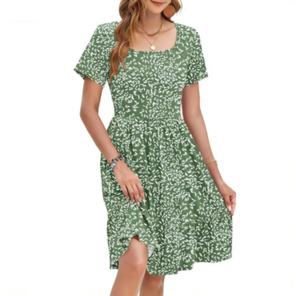 🔥Women Square Neck Floral Dress Ruffle Empire Waist A-Line Sundress with Pockets – Summer Casual Vacation Outfit